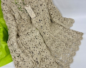 CROCHET lin cardigan long S/M beige argent brillant véritable fait main SLOW grand-mère 064