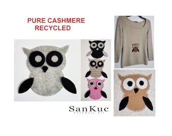 100% Pure Cashmere 2x Eule 11 cm Applikationen Aufnäher DIY Recycling