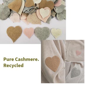 Peut inclure: Une collection de patchs en forme de cœur en pur cachemire recyclé dans des tons beige, gris, crème et rose pâle. L'image contient le texte Pure Cashmere. Recycled et montre des exemples de ces patchs cousus sur des vêtements.