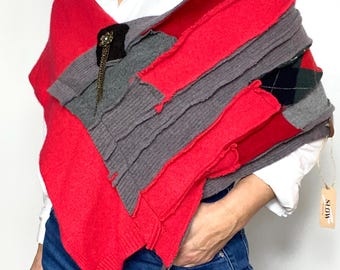Upcycled Cashmere Poncho Cape Patchwork One size Red Grey Slow Handmade