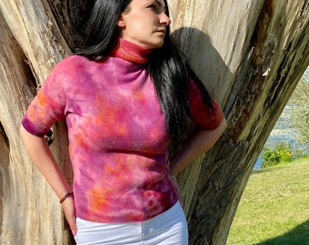 Exclusive Tie Dye Pure Cashmere Womens Jumper Top S pink 419