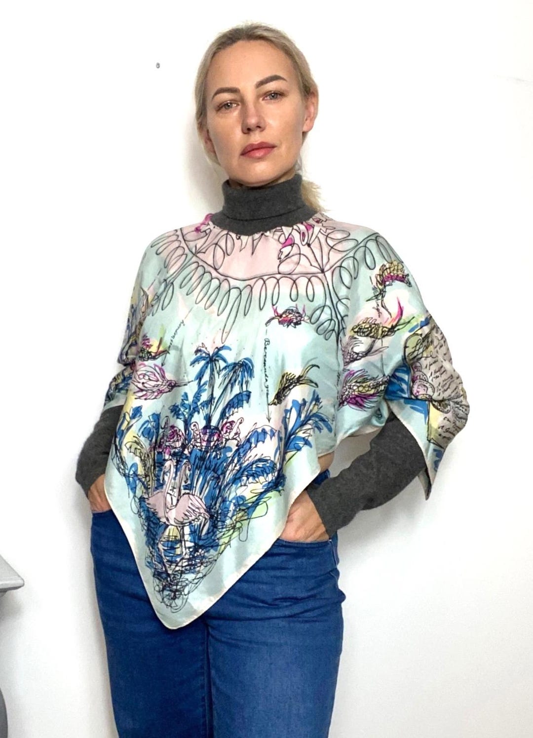 Upcycled Silk Scarf Top Cashmere Neck and Sleeves Handmade by Slow S/M — free download