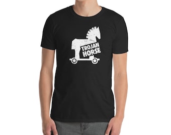 May include: A black t-shirt with a white graphic of a Trojan horse with the text "Trojan Horse" underneath.