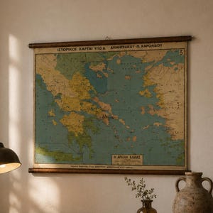 Op de afbeelding: Een vintage-stijl wandkaart van het oude Griekenland in gedempte groen- en bruintinten, opgehangen aan donkere houten roeden. De kaart toont geografische details en Griekse tekst, waaronder de titel H APXAIA EΛΛAΣ, boven een houten consoletafel.