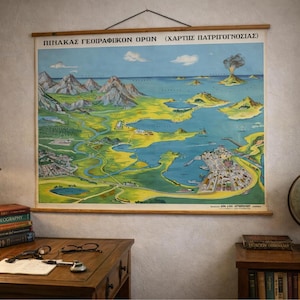 Large Vintage Geography School Chart, Illustrated Landscape Map, Greek Educational Wall Art, Pull Down Chart, Statement Wall Decor
