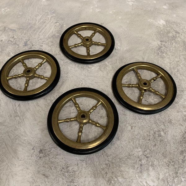 Set of Four Casters with rubber wheels Brass Vintage Caster Wheels Brass Casters Trolley Bar Casters Industrial Casters, Swivel Wheels.