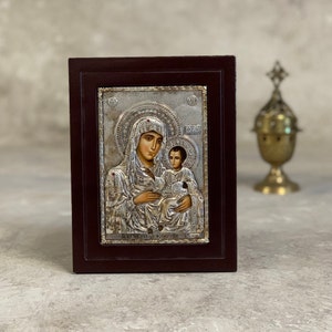 Sterling Silver Relief Sculptural Wall Icon Plaque, Virgin Mary Ierosolimitisa, Mother of God, Virgin Mary and Jesus Greek Orthodox Icon.