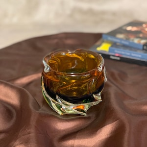 Vintage Murano Glass Ashtray: Hand Blown Amber Green Art Glass