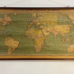 Vintage Triest Politische Weltkarte, Original Lithographie auf Leinen Leinwand - Perfektes Geschenk für Geschichtsinteressierte