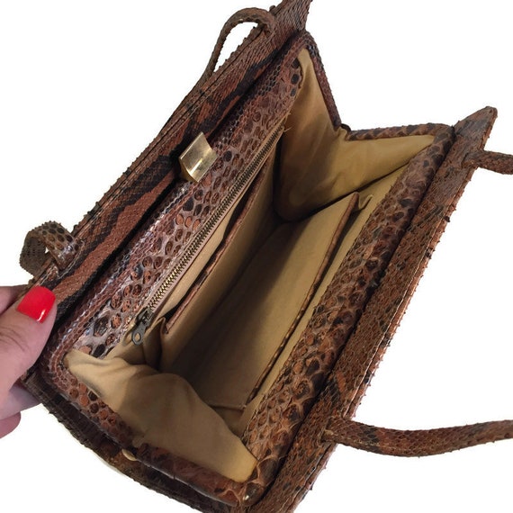 Snake skin embossed leather handbag, Vintage Leat… - image 4