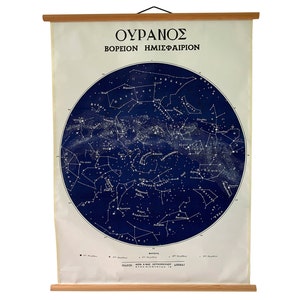 Mapa celestial, gráfico del hemisferio norte, póster de astronomía, gráfico escolar astronómico, gráfico de pared con mapa estelar vintage.