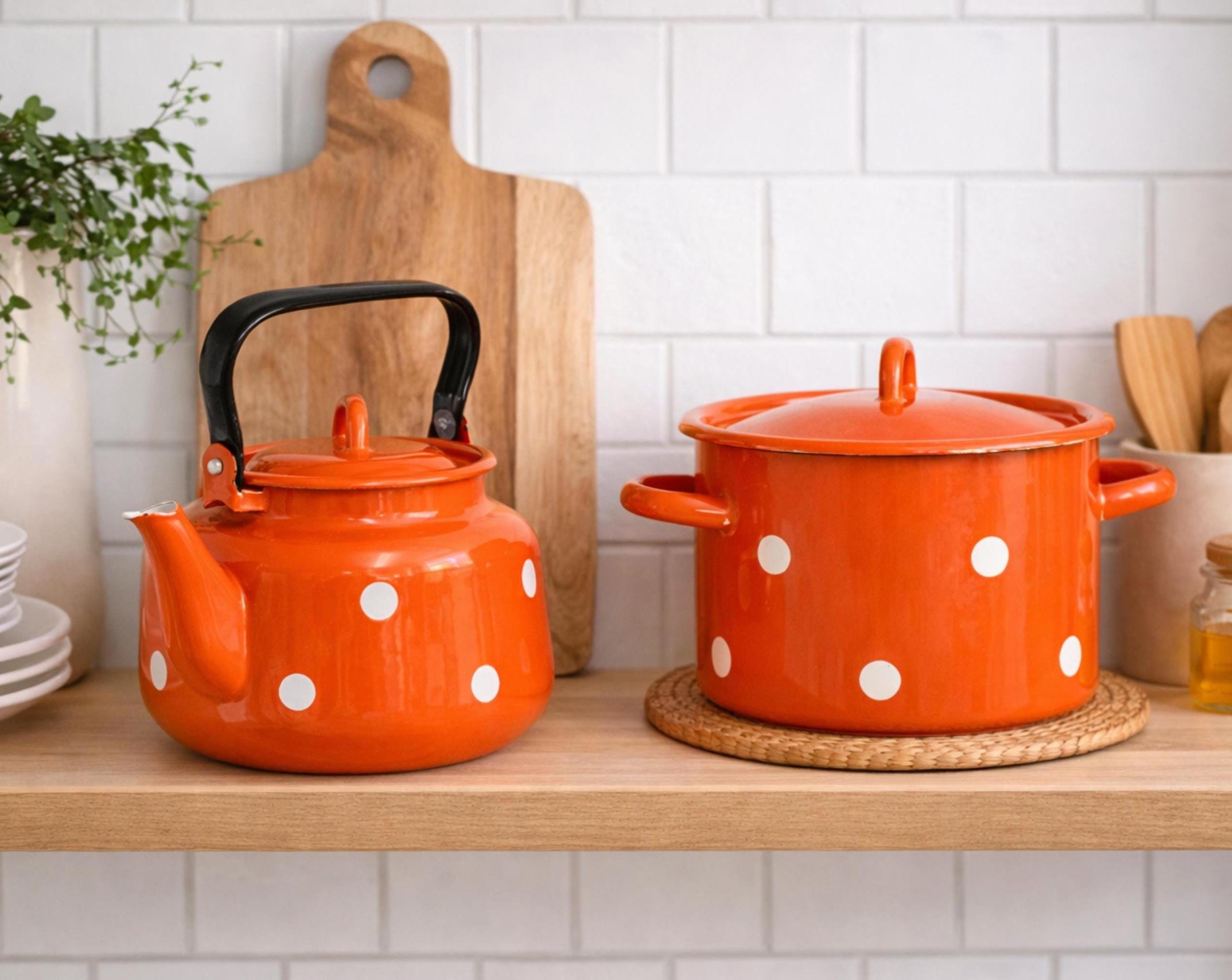 Vintage Orange Enamel Tea Kettle & Pot Set – White Polka Dot