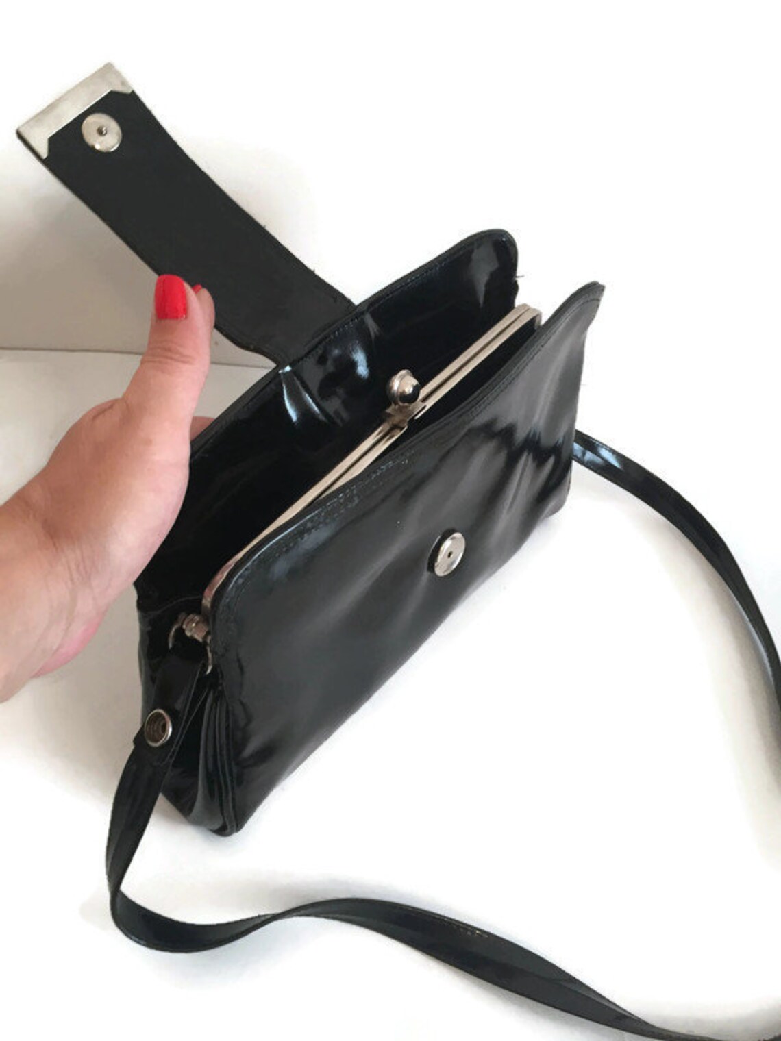 black vinyl crossbody bag