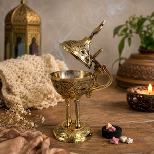May include: A brass incense burner with an ornate floral pattern, a hinged lid, and a handle. The burner stands on three legs and emits a thin trail of smoke. Small resin incense pieces are placed on the surface next to the burner.