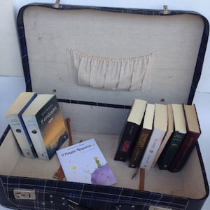 Old suitcase, Vintage gray Suitcase, Antique suitcase, Retro suitcase, Home Decor Storage Box, Old Luggage, Blue Gray Plaid Suitcase