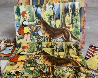 Vintage Wooden Puzzle Blocks – 1950s Classic Fairy Tales in