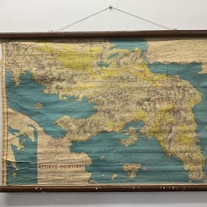 Vintage Landkarte von Griechenland, Attiki-Karte, Viotia-Karte, seltene Karte, Geographie Schulkarte, Wandkarte, Klassenzimmer Karte, Wandkarte, Wandtafel.