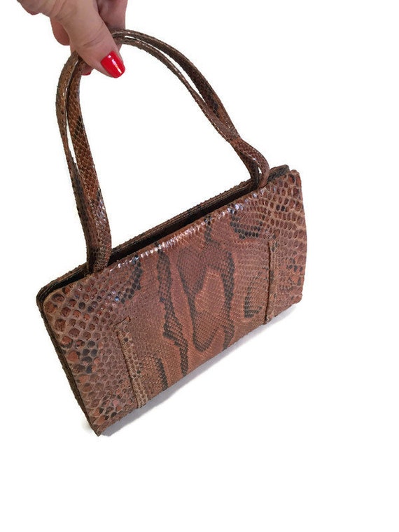 Snake skin embossed leather handbag, Vintage Leat… - image 2