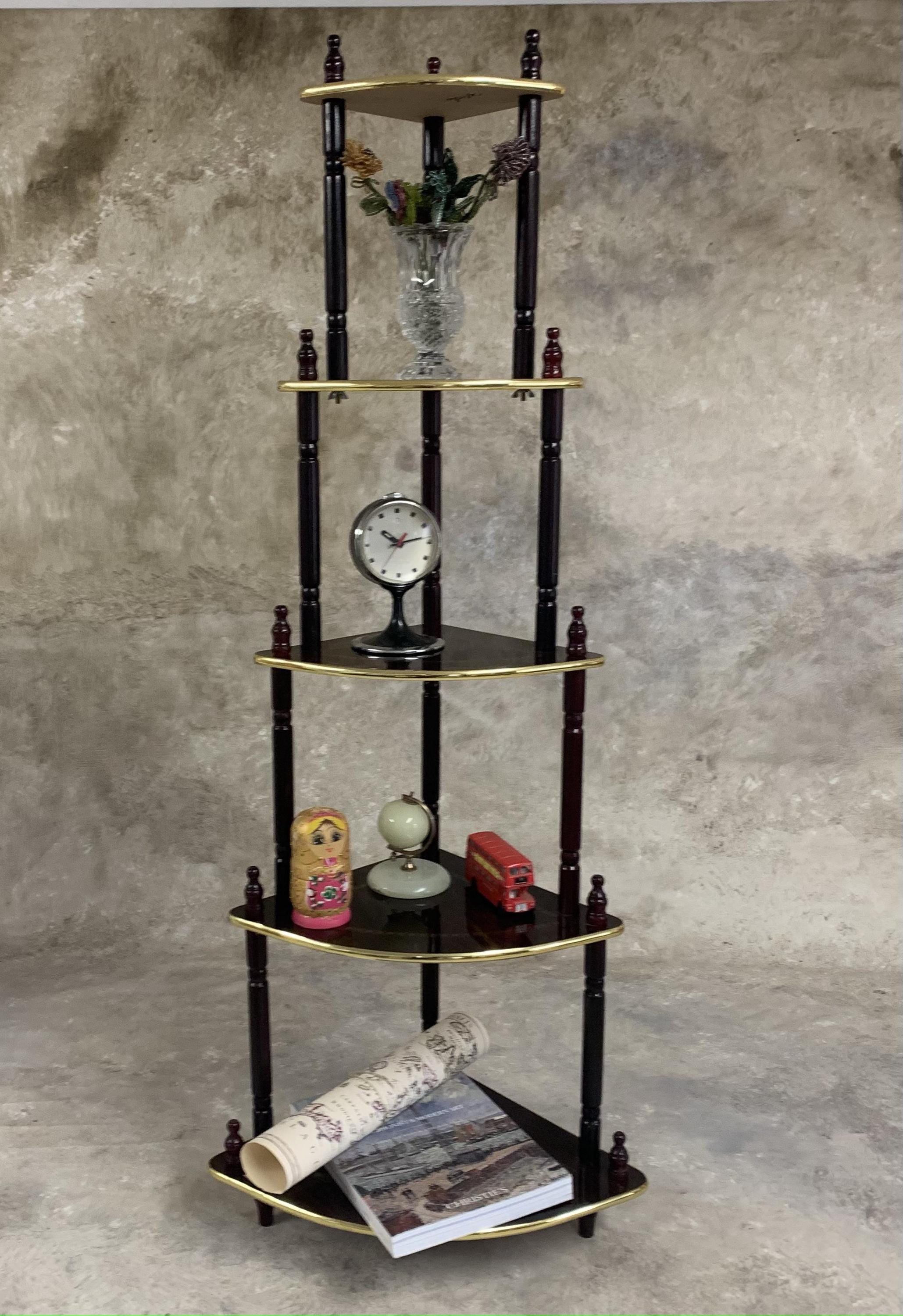 ヴィンテージブラウン木製コーナーシェルフ：5段の素朴なディスプレイ