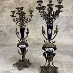 Antique Pair of Heavy Candlesticks  5 Arm Candle Holder, Victorian Style Large Candelabra