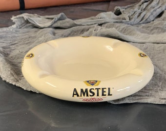 Large Vintage Amstel Beer Cigar Ciragette Ceramic Ashtray, Collectible Tobacco Ashtray Advertising Barware.