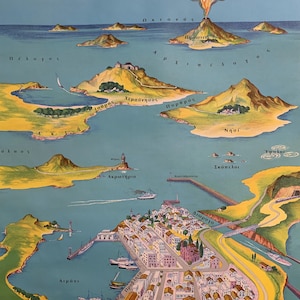 May include: A vintage illustrated map depicting a coastal town and surrounding islands. The map features a harbor with ships, a town with buildings, and a volcano. The color palette includes blues, greens, yellows, and browns.