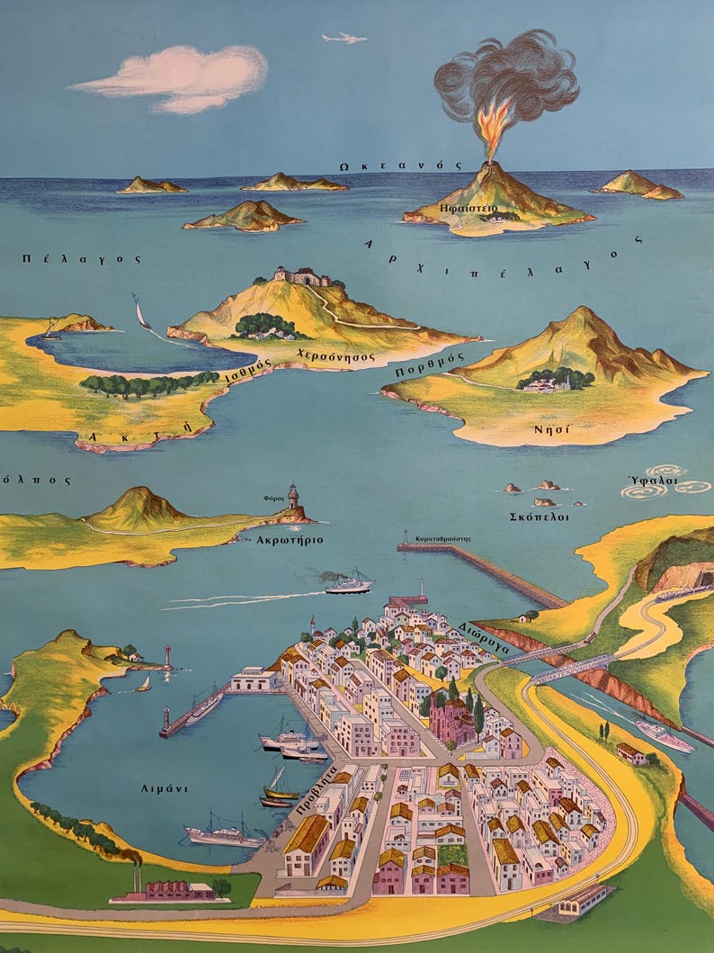 May include: A vintage illustrated map depicting a coastal town and surrounding islands. The map features a harbor with ships, a town with buildings, and a volcano. The color palette includes blues, greens, yellows, and browns.