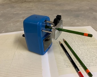 Vintage Blue Sharpener, Hand Crank Industrial Pencil Sharpener for Desk Use, Perfect Office or Artist Gift