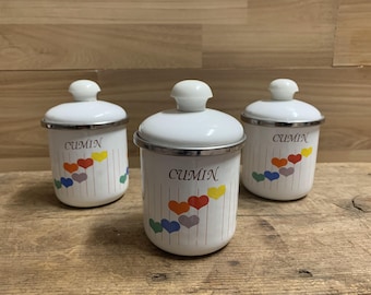 Set of 3 Vintage Enamel Kitchen Canisters, Rustic Kitchen, Cottage Chic, Enamel box, storage boxes