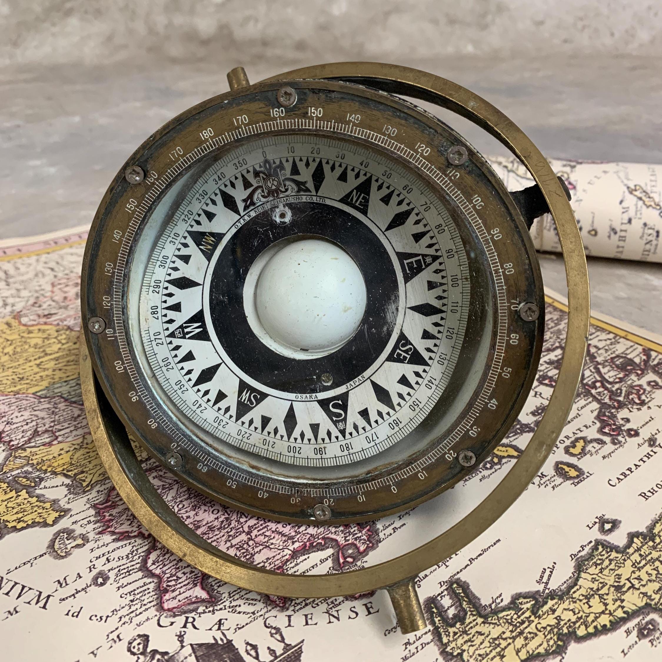 Vintage Brass Marine Compass - 60s Japanese Nautical Tool, Ship