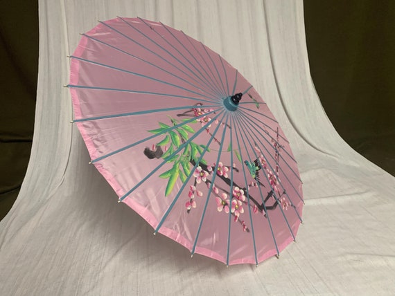 Grand Parasol Ancien - Motif Floral Peint Main - Bon état D'occasion