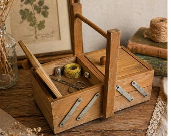 Vintage Accordion Wooden Sewing Box: French Handmade Storage