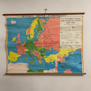 Historical Map of Europe WWII, Vintage Greek School Chart on Linen Canvas, Educational Wall Decor Gift
