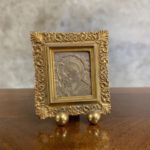 Vintage Bronze Virgin Mary and Jesus Icon, Small Byzantine Travel Christian Orthodox Icon, Religious Gift for Devotion