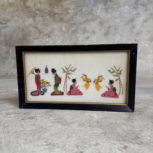 Vintage Geisha girls and oriental birds needlepoint,  Embroidered tapestry needlepoint, Birds and Geisha girls framed needlework.