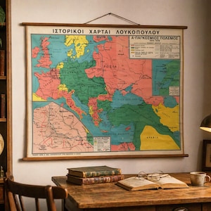 Könnte beinhalten: Eine Vintage-Karte von Europa, die eine detaillierte Darstellung der Region mit Ländern in verschiedenen Farben zeigt. Die Karte ist auf Holzstäben montiert und hängt an einer Wand. Der Text auf der Karte ist auf Griechisch. Ein Schreibtisch mit Büchern und einer Lampe befindet sich im Vordergrund.