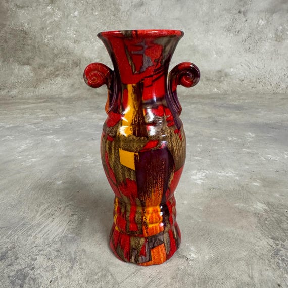 ギリシャ製のヴィンテージ抽象模様の陶器の花瓶、ギリシャのカラフルな