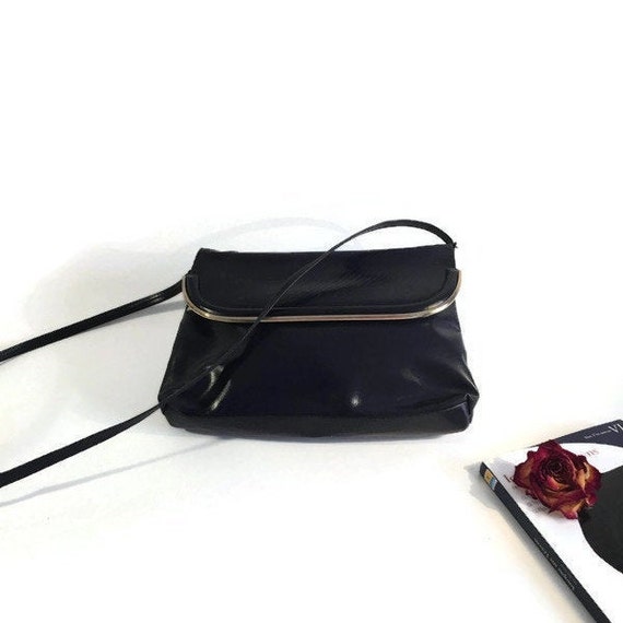 Vintage Black Crossbody Bag with frame, Black Lea… - image 4