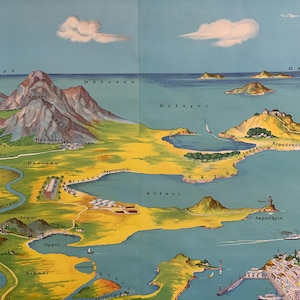 May include: Vintage map print featuring a detailed, illustrated depiction of a coastal region. The map showcases mountains, islands, and a coastline with a harbor, rendered in a palette of blues, greens, and yellows. Text in Greek is visible at the top.