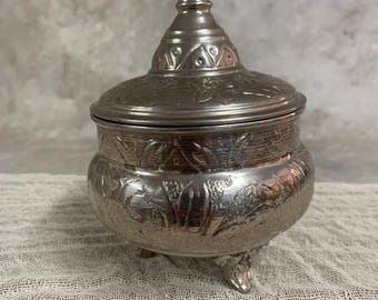 Vintage Silver Plated Sugar Bowl: Ornate Footed Candy Dish with Lid