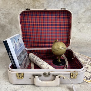 Vintage Beige Suitcase with Chrome Latches, Retro Storage Box for Small Items & Paperwork, Unique Home Decor Gift