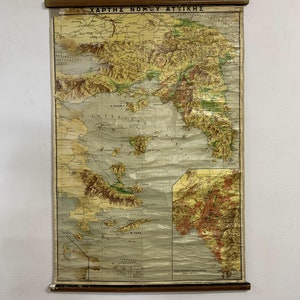 Carte lithographique grecque vintage, superbe carte Attiki-Viotia et îles Saroniques pour l'art mural décoratif et cadeau pour les amateurs de voyage