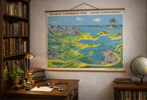 Large Vintage Geography School Chart, Illustrated Landscape Map, Greek Educational Wall Art, Pull Down Chart, Statement Wall Decor