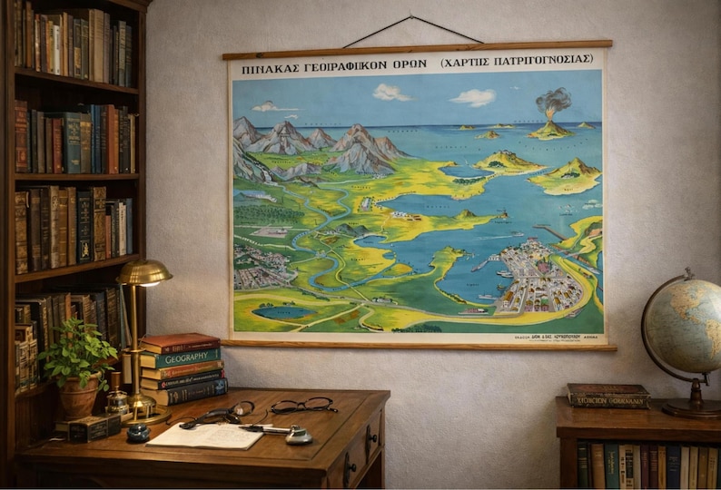 Large Vintage Geography School Chart, Illustrated Landscape Map, Greek Educational Wall Art, Pull Down Chart, Statement Wall Decor image 1
