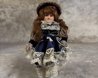 Vintage Bisque Porcelain Doll: 16'' Checked Velvet Dress, Collectible