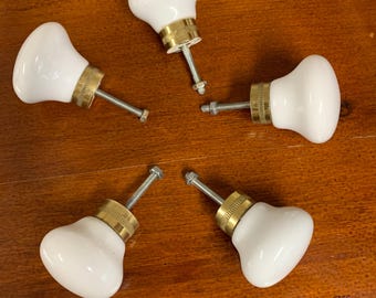 Set of Five Porcelain Cabinet Knobs, White antique brass dresser pulls, vintage furniture hardware, retro drawer handles.