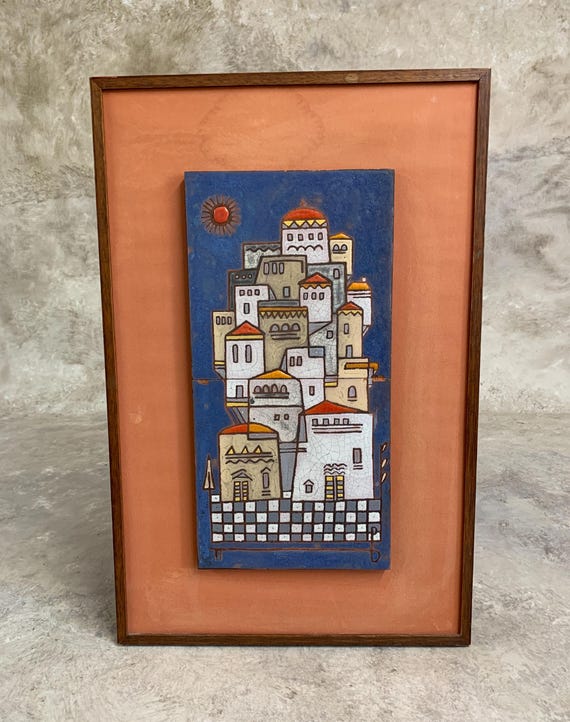 Framed Ceramic Tile Art: Traditional Greek Island Homes Decor