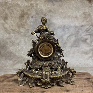 French Bronze Antique Mantel Clock, Mechanical Wind-Up Brass Table Clock