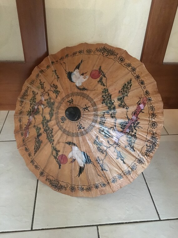Hand-painted Parasol, bamboo umbrella, Vintage Jap