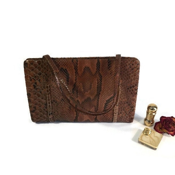 Snake skin embossed leather handbag, Vintage Leat… - image 1